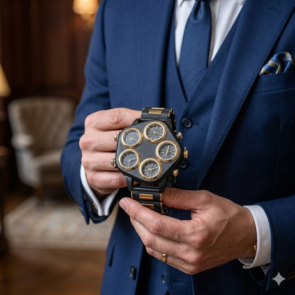 Men's Multi-Time Zone Watch, Black &  Gold Design Italianne 2026⌚