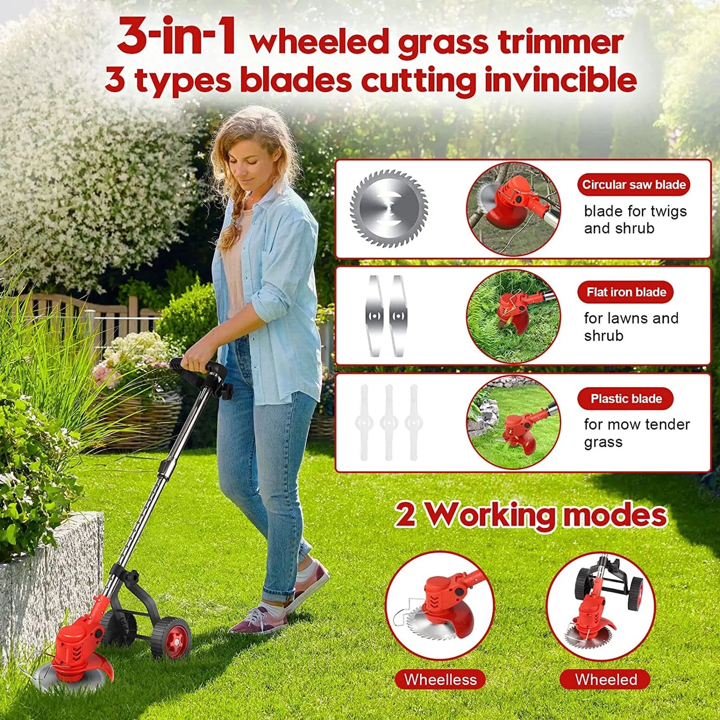 ordless Weed Wacker,Battery Powered Weed Wacker 3 in 1 Rechargeable Weed Wacker Electric for Lawn Garden Yard, Includes 2 * 3.aH Batteries