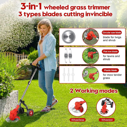 ordless Weed Wacker,Battery Powered Weed Wacker 3 in 1 Rechargeable Weed Wacker Electric for Lawn Garden Yard, Includes 2 * 3.aH Batteries