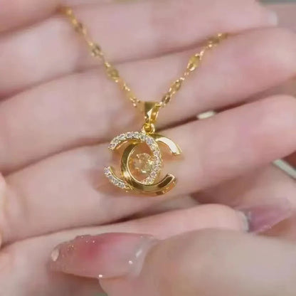 Gold-Plated Double-C Pendant Necklace with Crystal Center