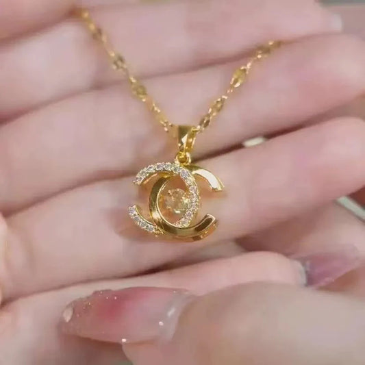 Gold-Plated Double-C Pendant Necklace with Crystal Center
